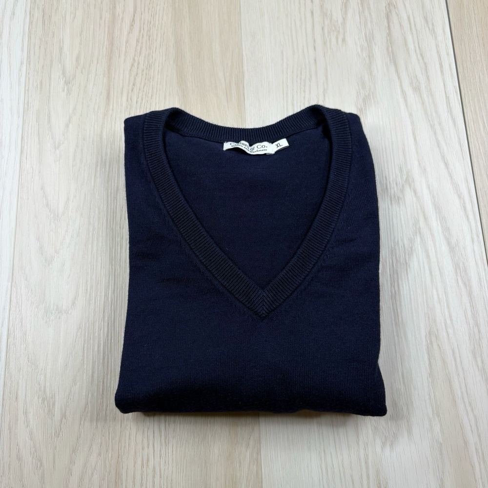 Collars & Co V-Neck Sweater Blue Cotton Cashmere Luxury Touch Crewneck Mens XL